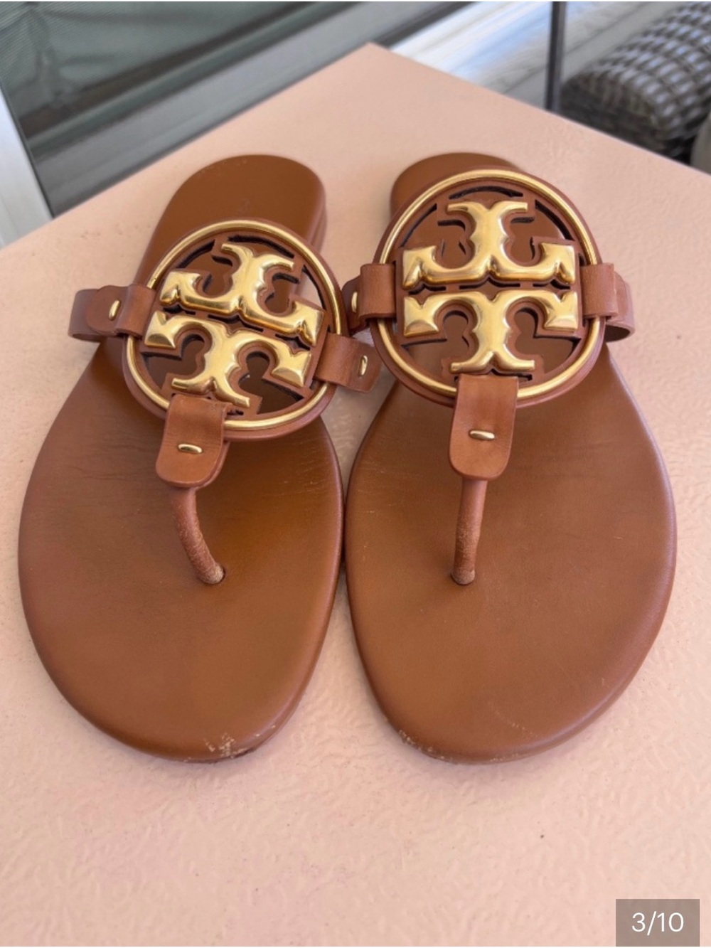 Tory Burch Brown Leather Logo Thong Sandals with Gold Emblem